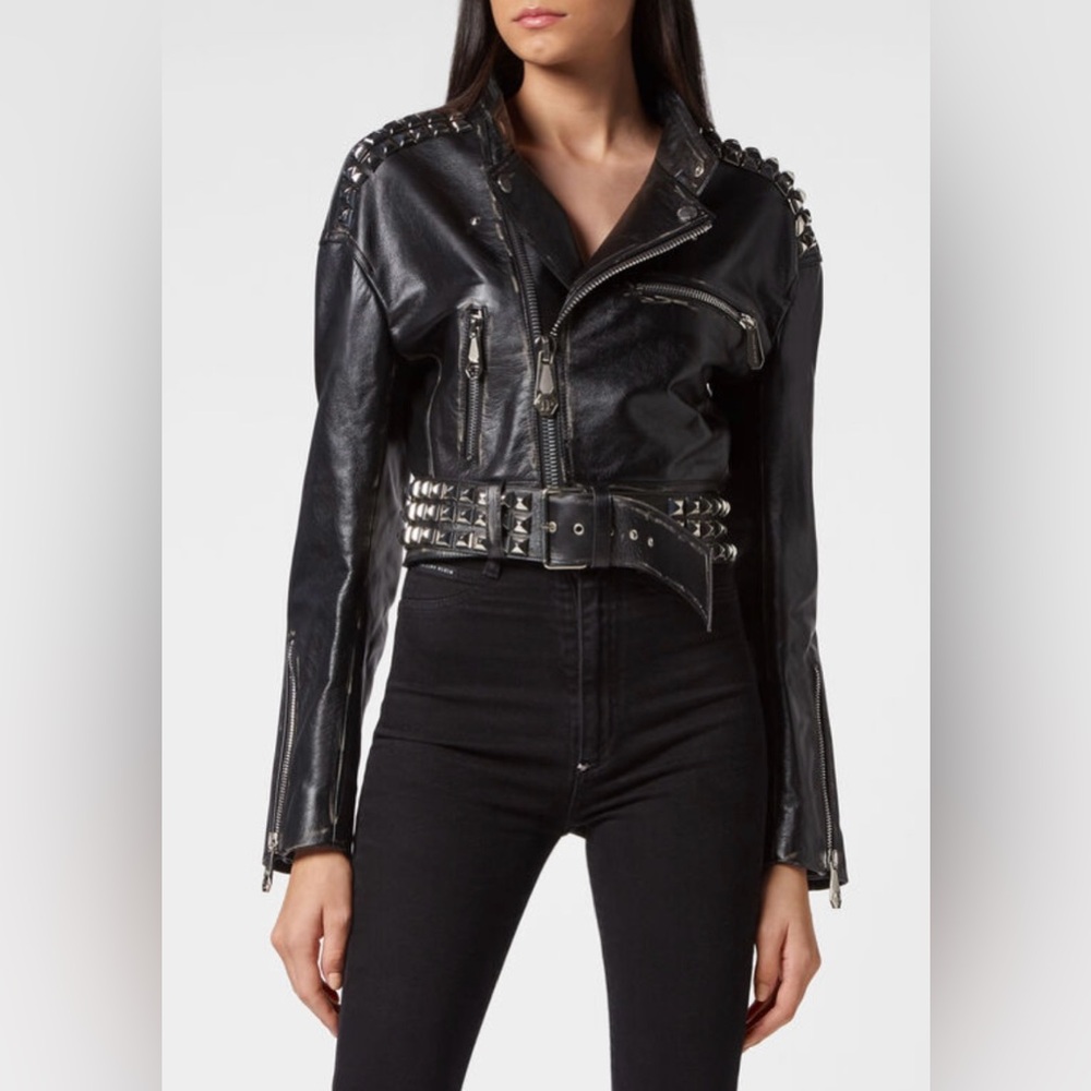 PHILIPP PLEINCROP LEATHER JACKETSTUDS